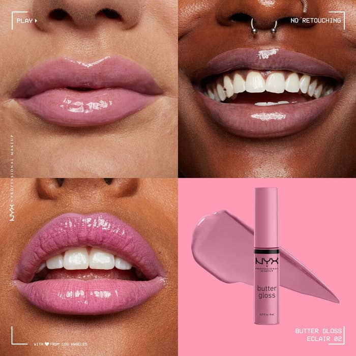 Split representation  showing 3  smiling lips wearing NYX Butter Gloss, displayed alongside a gloss conduit  and smear. Text says &quot;No Retouching.&quot;