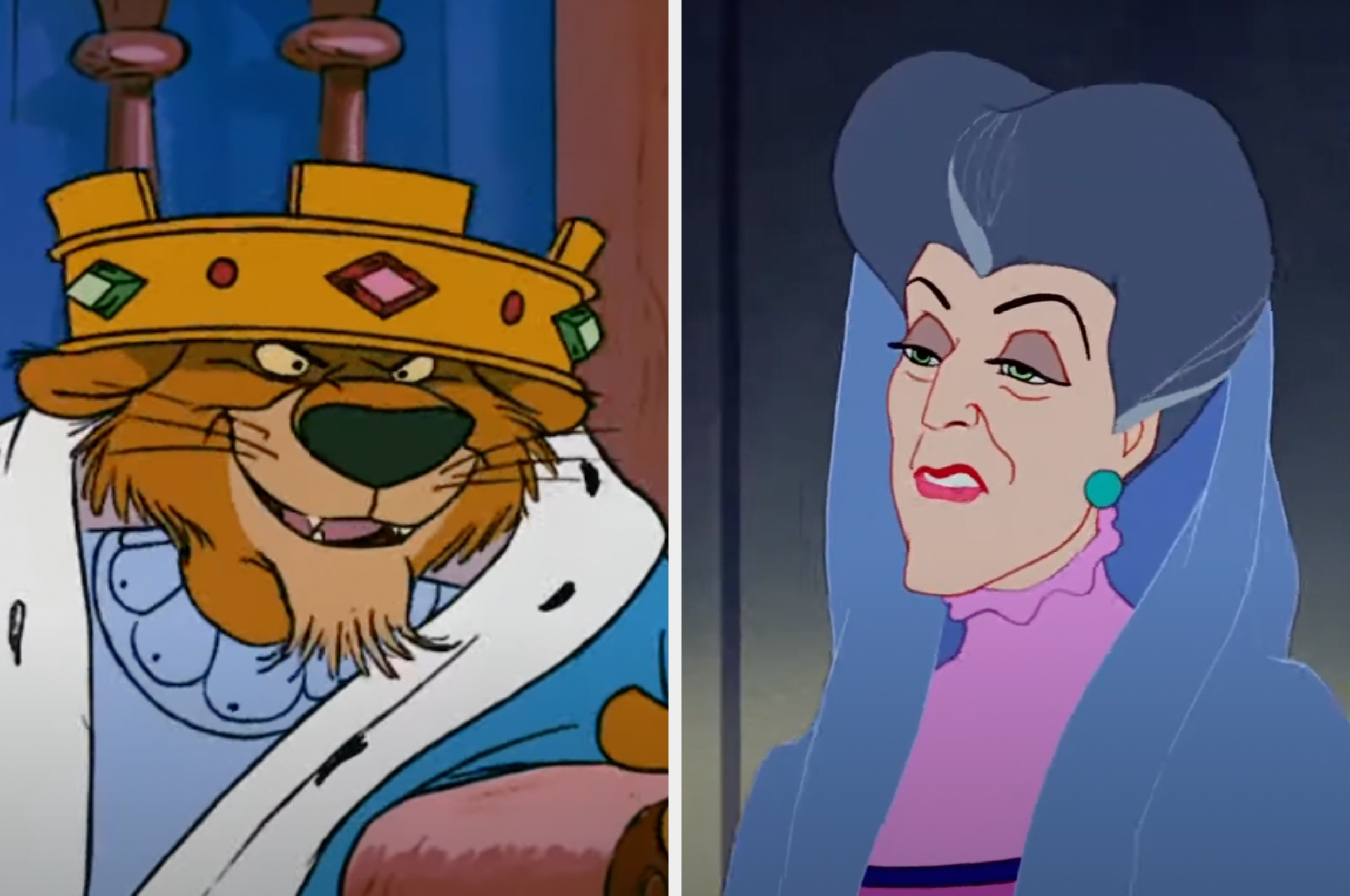 Two animated characters side by side: a lion with a crown and a woman with a high collar dress and headscarf. Both appear to be villains