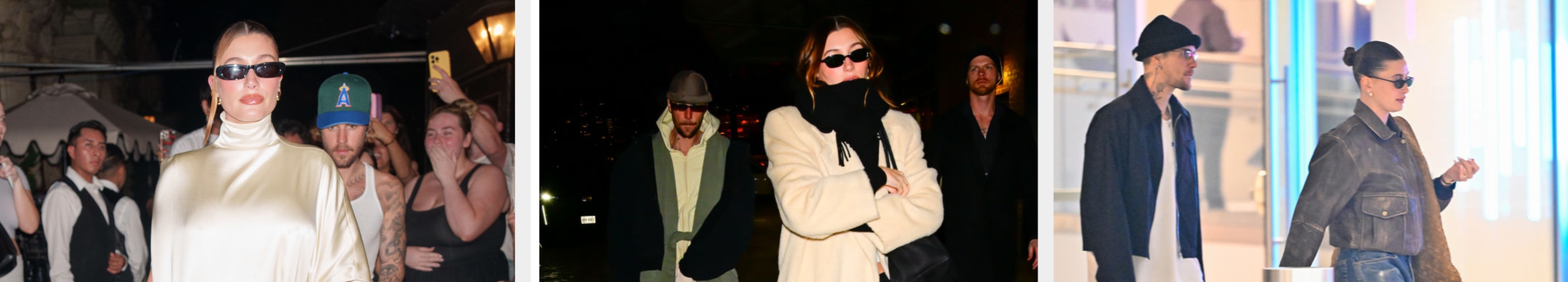 Three images of a person in stylish, oversized outerwear and sunglasses, walking in public with various companions