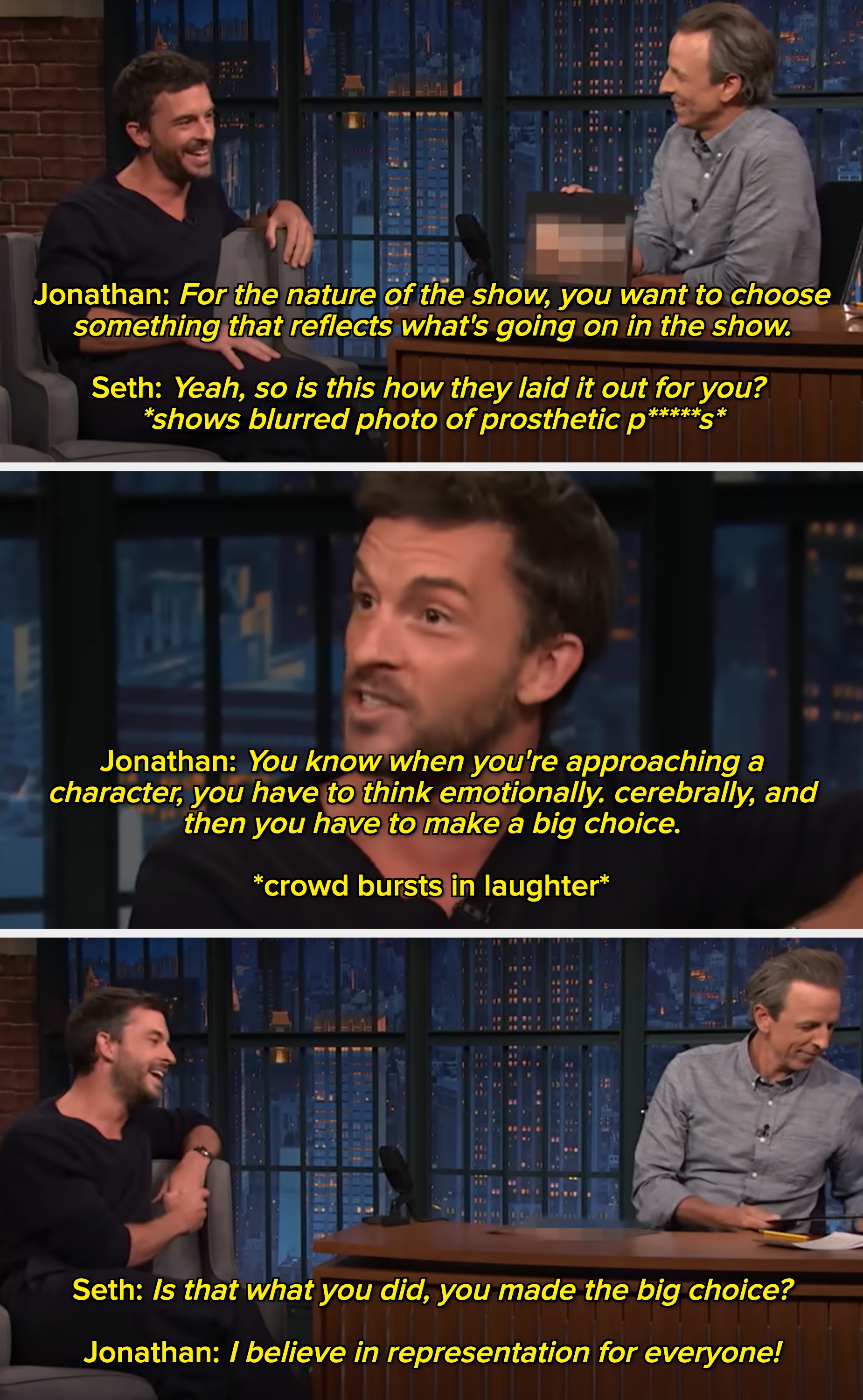 TV interview scene with two men talking and laughing. Discussing show elements, one says, "you have to make a big choice," prompting laughter