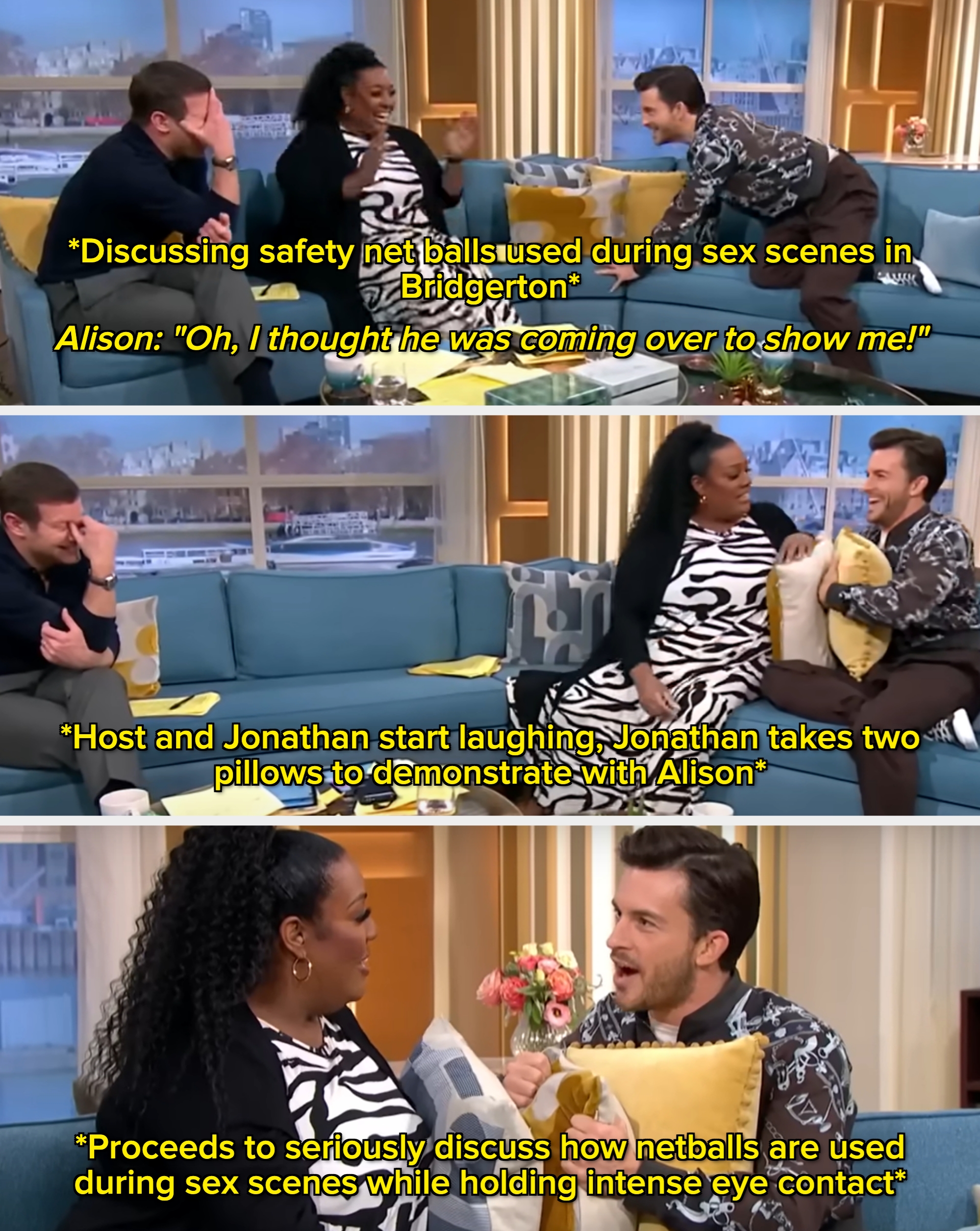 Three people on a talk show set engage energetically. The woman wears a zebra-patterned dress. They interact with excitement and laughter