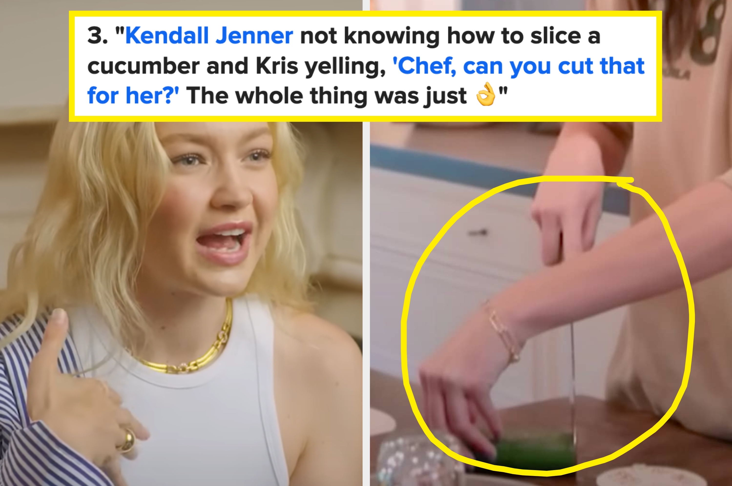 A split image shows two scenes: one with a woman talking, and the other with a woman awkwardly slicing a cucumber. A quote about slicing is highlighted