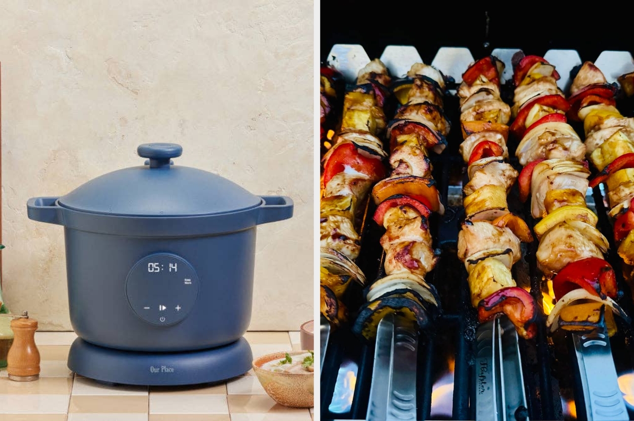 Left: Blue, multifunctional cooking pot on a kitchen counter. Right: Colorful skewers with vegetables and meat grilling on a barbecue