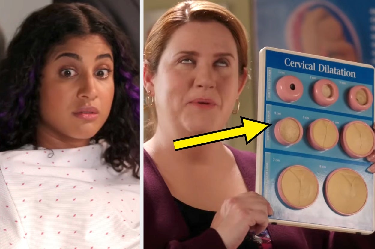 Person in a hospital gown looks surprised. Another person humorously holds a cervical dilation chart with an exaggerated expression