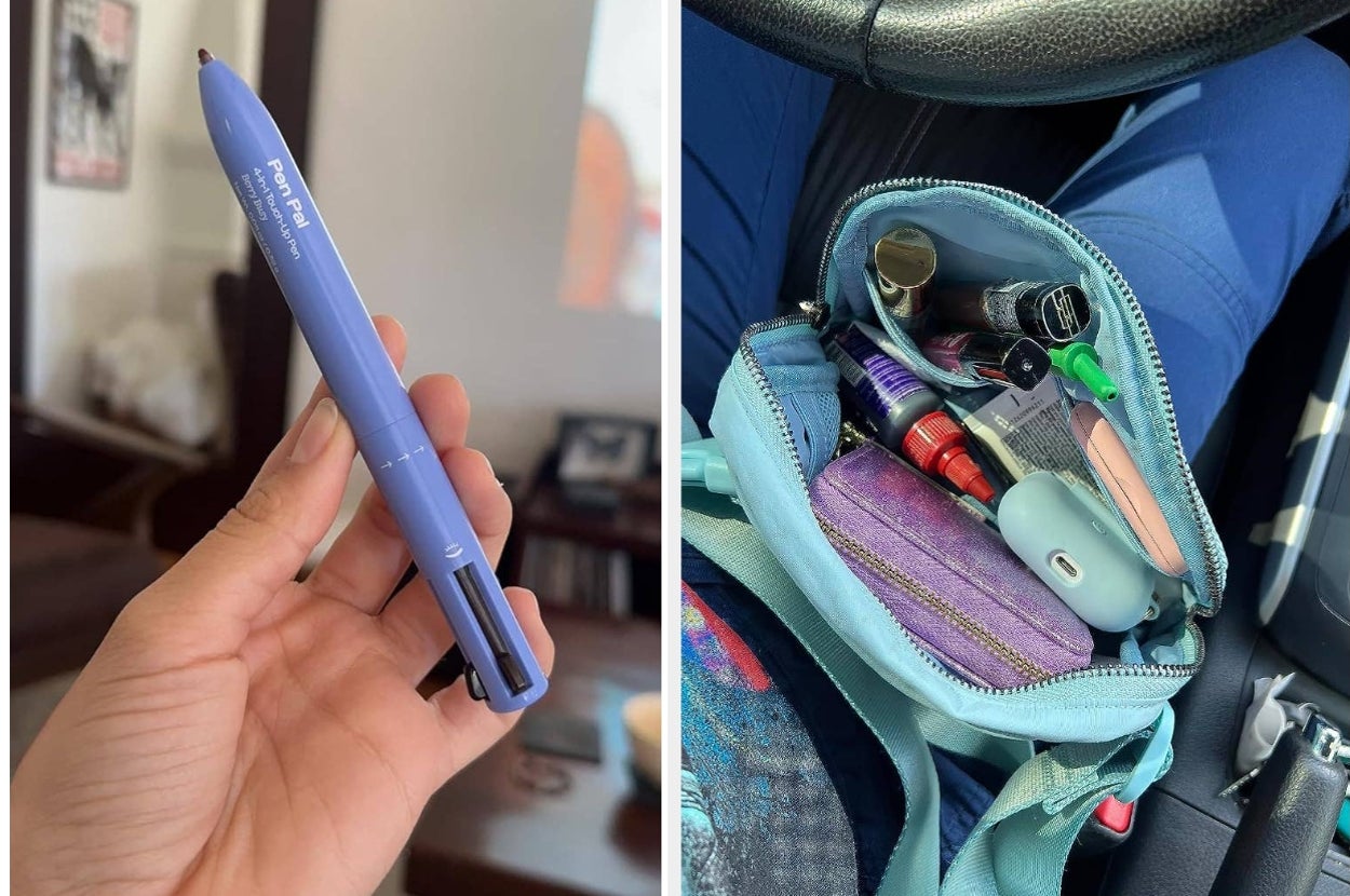 Left: Hand holding a multi-color pen indoors. Right: Open pouch in a person's lap, filled with cosmetics and small items inside a car