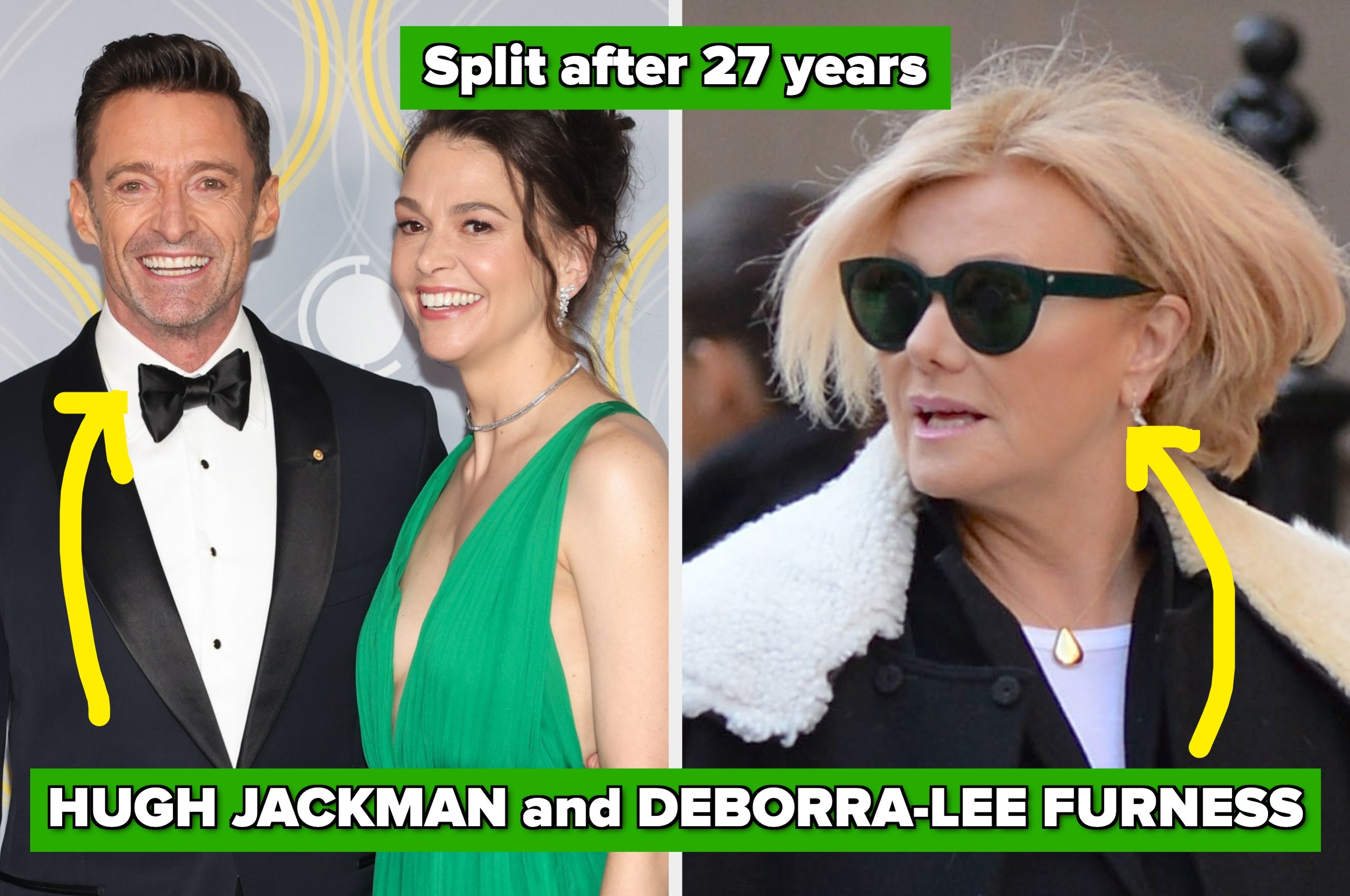 Left: Man in a tuxedo and woman in an elegant gown. Right: Woman in sunglasses and coat. Text: "Split after 27 years" and names