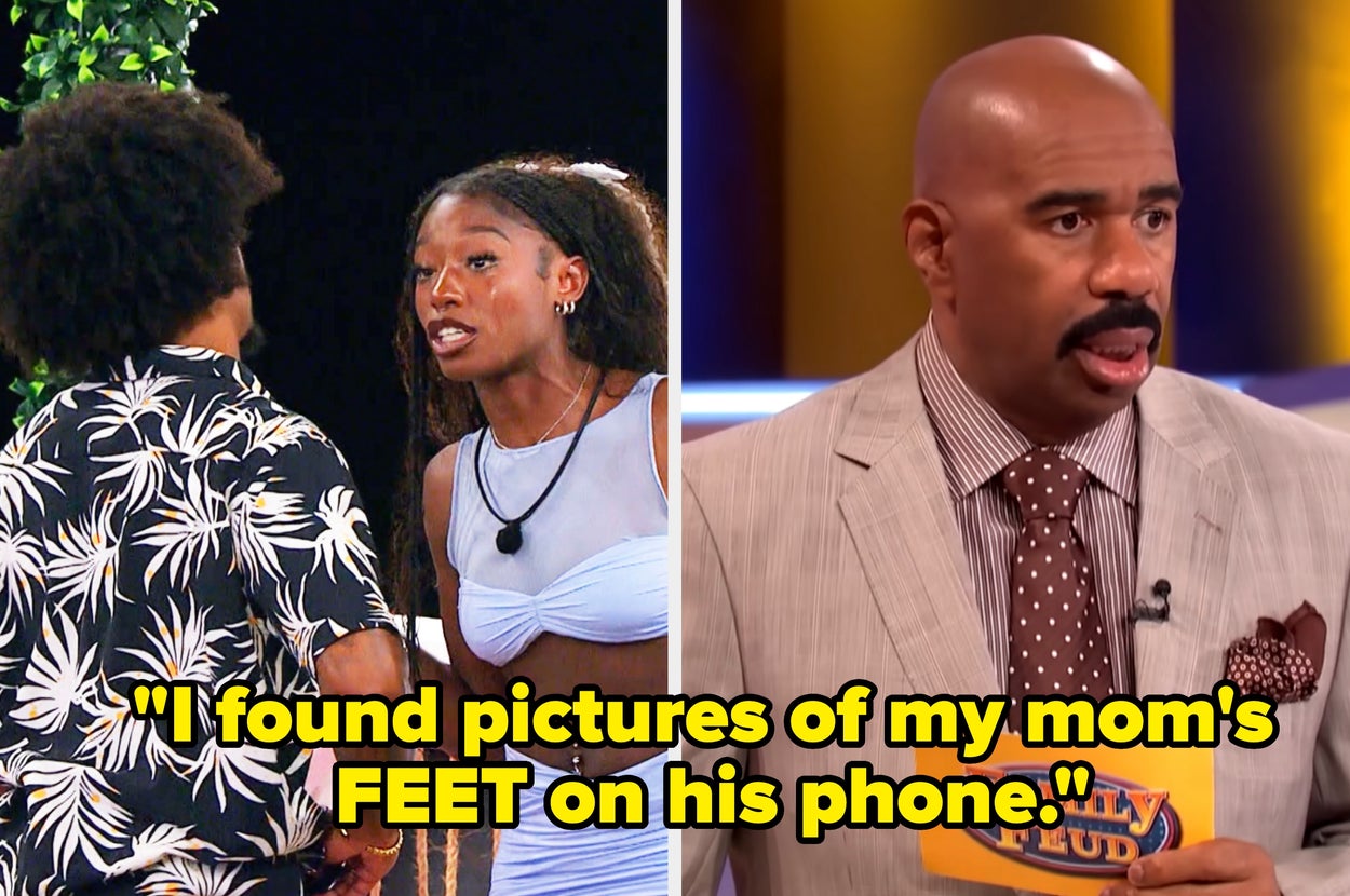Split image: Left side shows two people speaking outdoors. Right side shows a man in a patterned suit on a game show set. Text: “I found pictures of my mom’s FEET on his phone.”