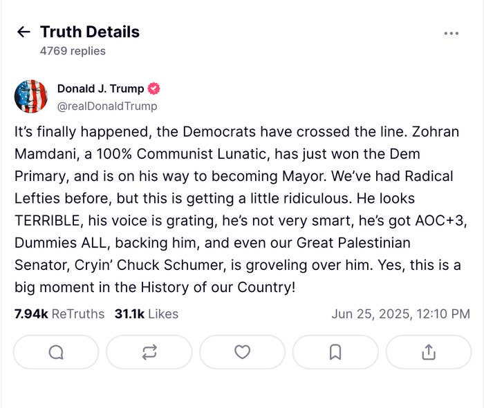 Tweet claiming Zohra Mamdani, labeled as a &quot;Communist Lunatic,&quot; won the Democratic primary. Criticizes various politicians and calls it a big moment