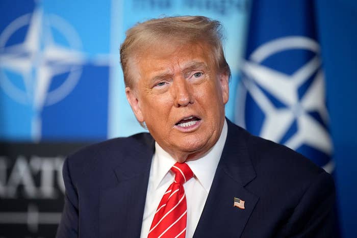A person in a suit and striped tie speaks, standing in front of a backdrop with NATO symbols