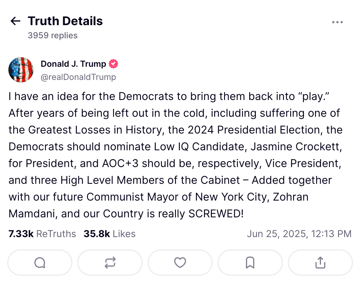 Social media post by Donald J. Trump criticizing Democrats, proposing a lineup for 2024 elections, mentioning Jasmine Crockett, AOC, and others