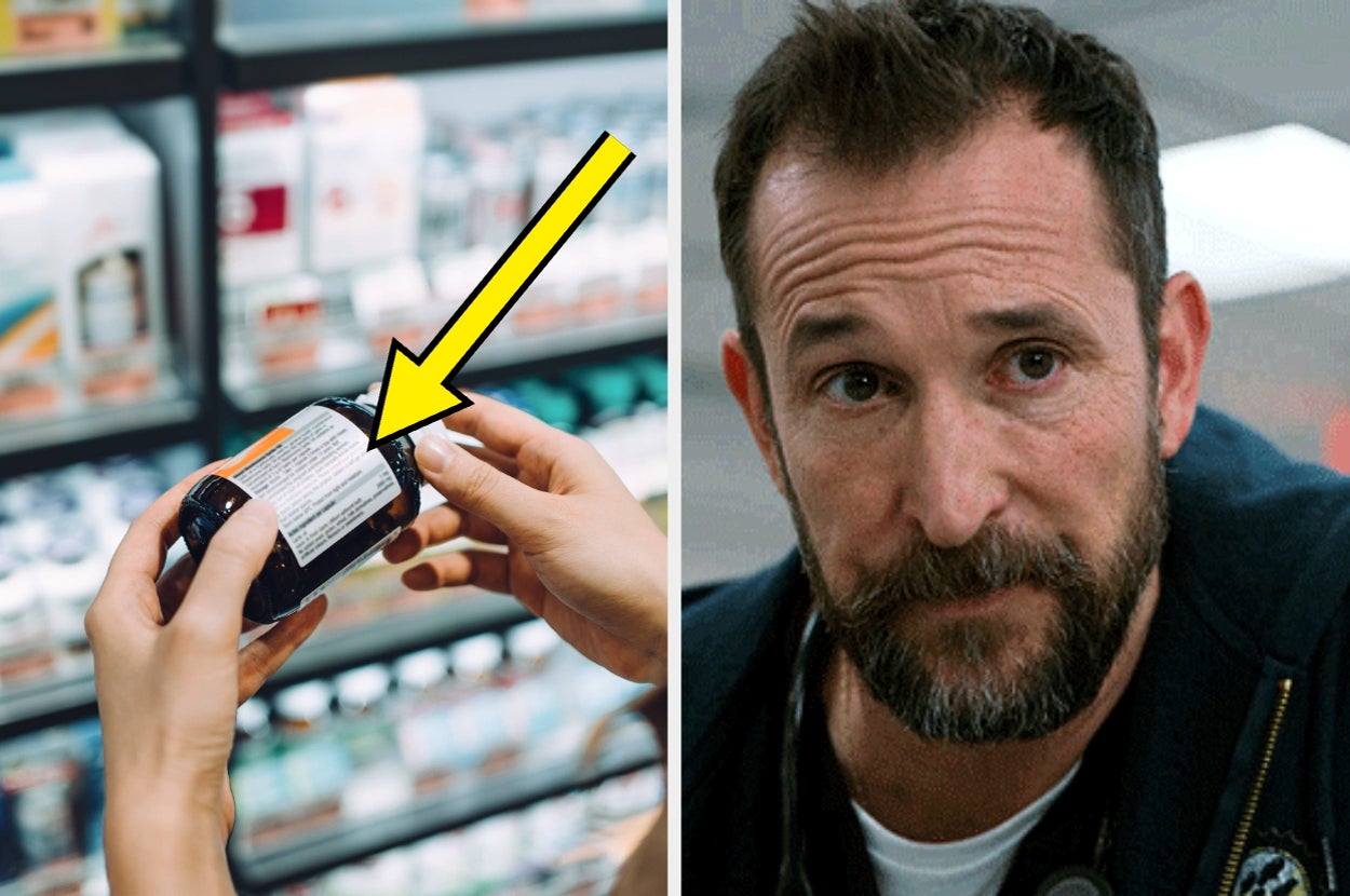 Person holds a medication bottle in a store; a person with a beard looks on thoughtfully