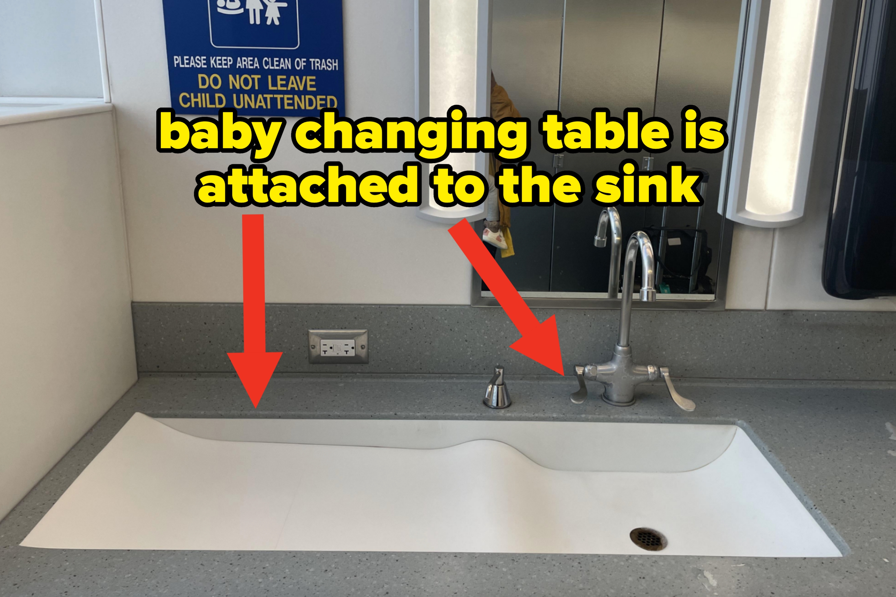 Diaper changing station in restroom with a sign requesting to keep area clean and not leave children unattended