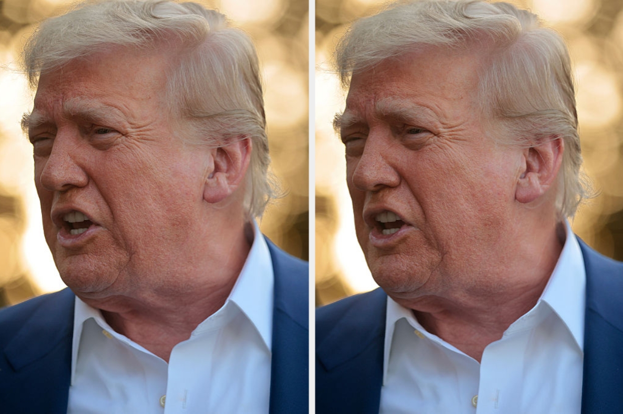 Person wearing a suit speaking outdoors, captured in two similar side-by-side images