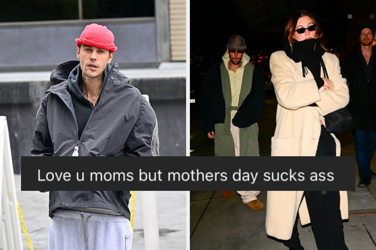 Two photos: Left, a man in casual streetwear. Right, a woman in a beige coat and sunglasses. Center, text reads: "Love u moms but mothers day sucks ass."