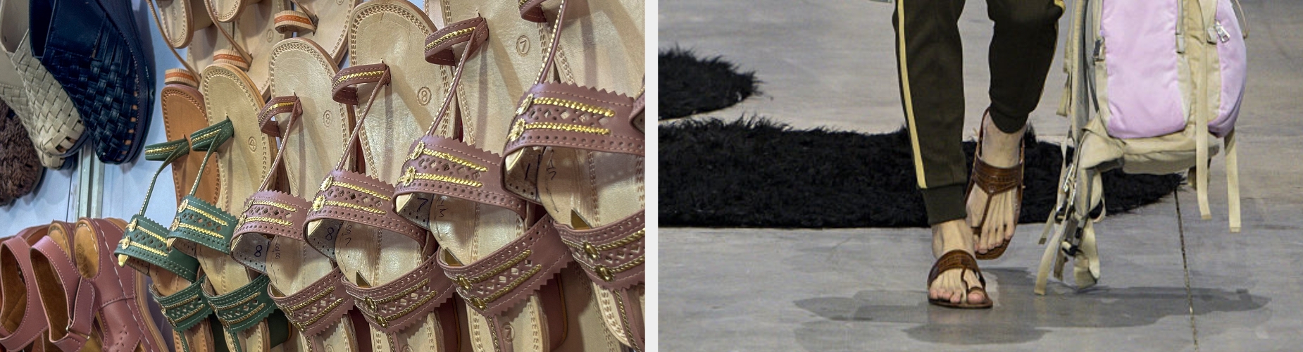 Various sandals on display; adjacent image shows a runway model in sandals and casual outfit with a backpack