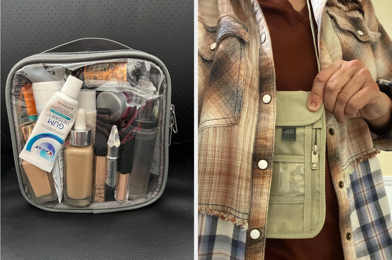 Clear travel bag with toiletries and cosmetics on the left; person wearing a checkered shirt holding a neck wallet with compartments on the right