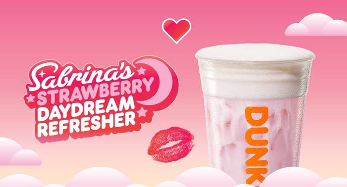 Sabrina&#x27;s Strawberry Daydream Refresher drink with foam top, heart and lipstick kiss graphic