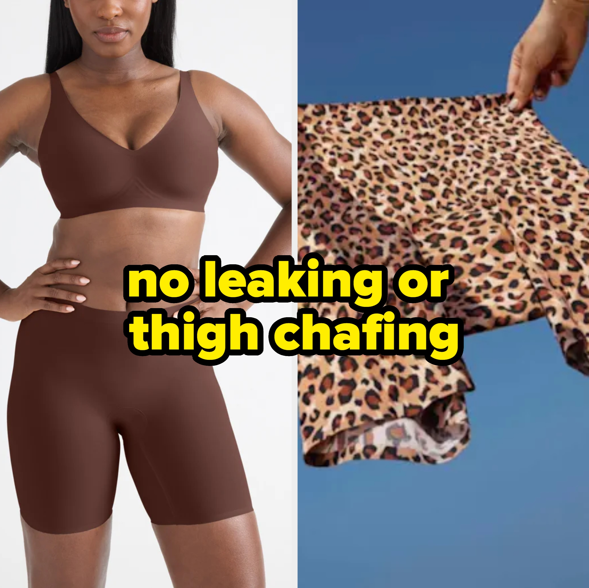 Woman models anti-chafing shorts; another pair with leopard print is showcased. Text reads: "No more thigh-chafing."