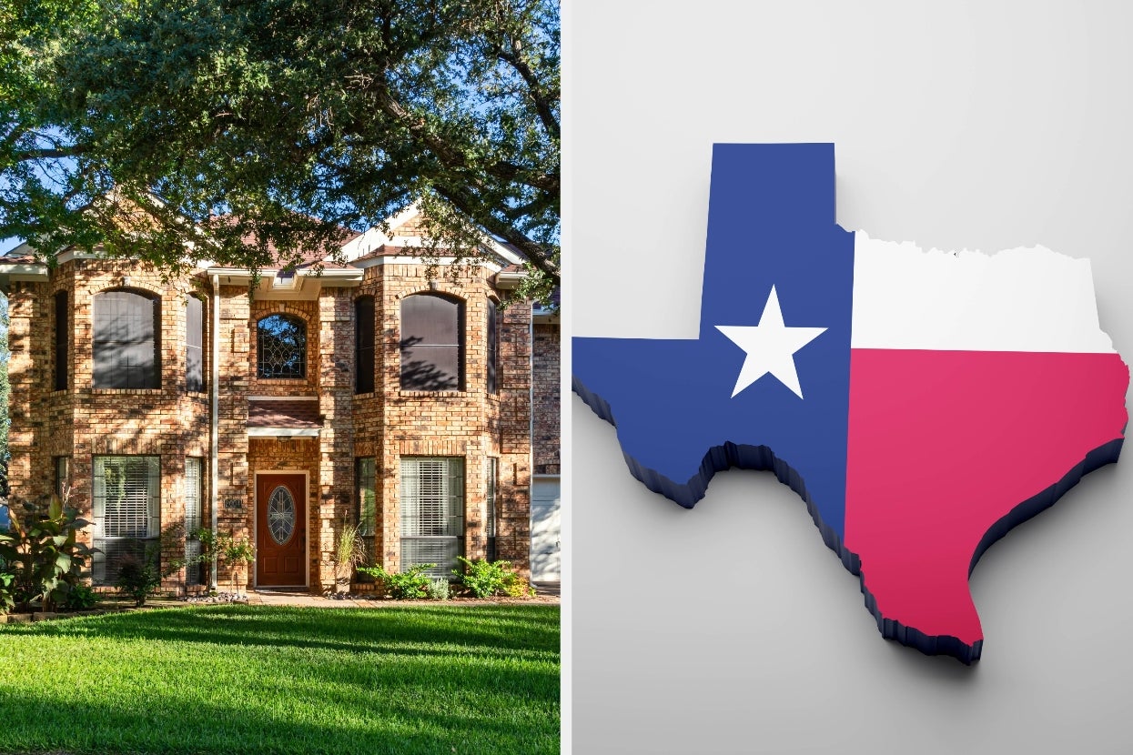 Brick house with large windows on left; 3D Texas map with flag design on right