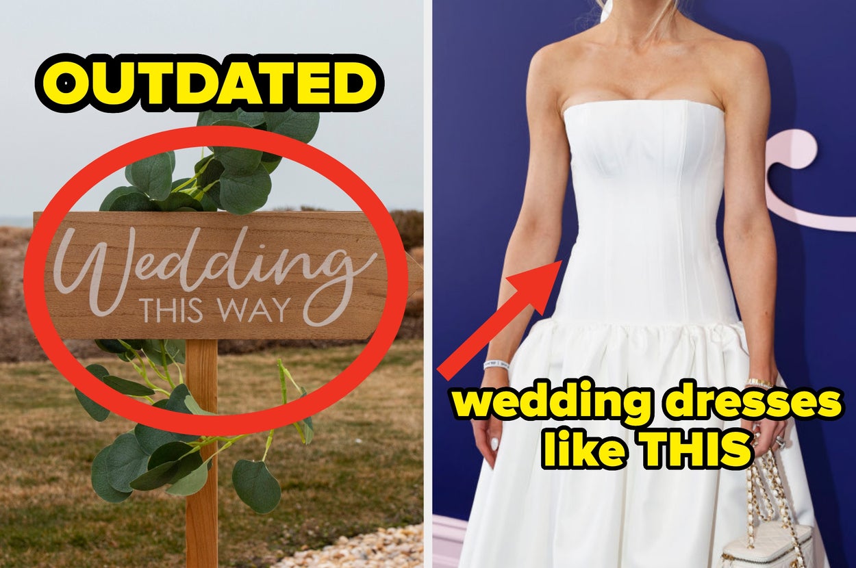 Sign with cursive "Wedding This Way" labeled outdated; arrow points to a strapless, fitted wedding dress with a drop waist labeled "wedding dresses like this"