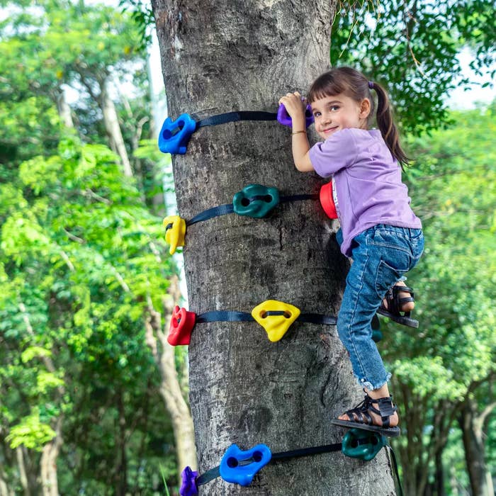 Child climbing a histrion utilizing colorful footholds and grips, wearing casual jeans and a shirt, successful a lush outdoor environment