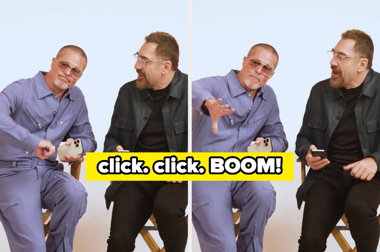 Two men sitting, one wearing a casual suit, gesturing animatedly with a phone; overlay text reads "click, click, BOOM!"