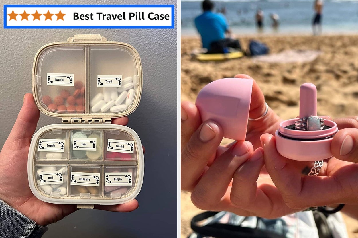 hand holding travel pill case, hand holding ring case