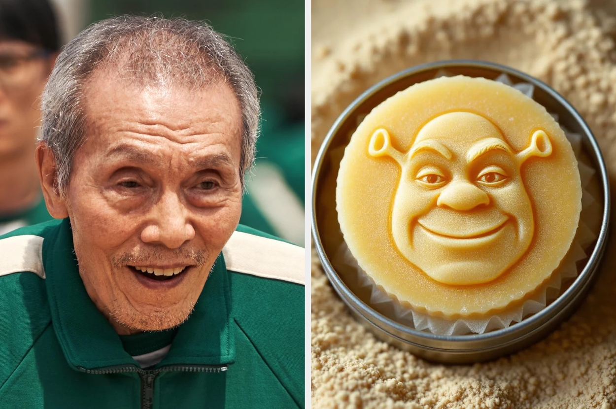 Player 001, from the show "Squid Game" in a green outfit smiles next to a cookie with Shreks face embossed on it