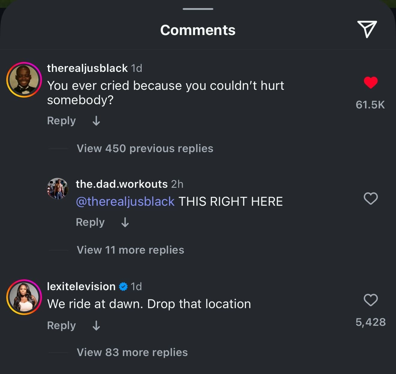 Social media post shows a user asking, &quot;You ever cried because you couldn’t hurt somebody?&quot; with replies engaging the comment