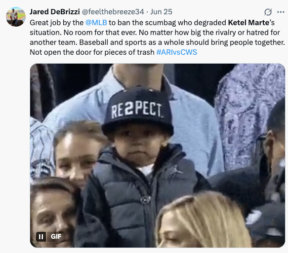 Toddler in a &quot;Respect&quot; hat being held, surrounded by people at a baseball game, expression serious