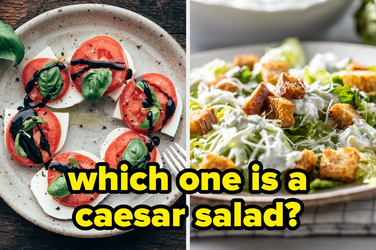 A split image of a Caprese salad with mozzarella, tomato, basil, and balsamic glaze, and a Caesar salad with romaine, croutons, and dressing