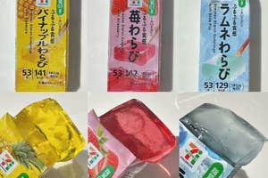 5つの異なる味のゼリーの箱が並ぶ。パイナップル、イチゴ、ラムネ味を含む。各箱にはカロリー情報が記載されている。