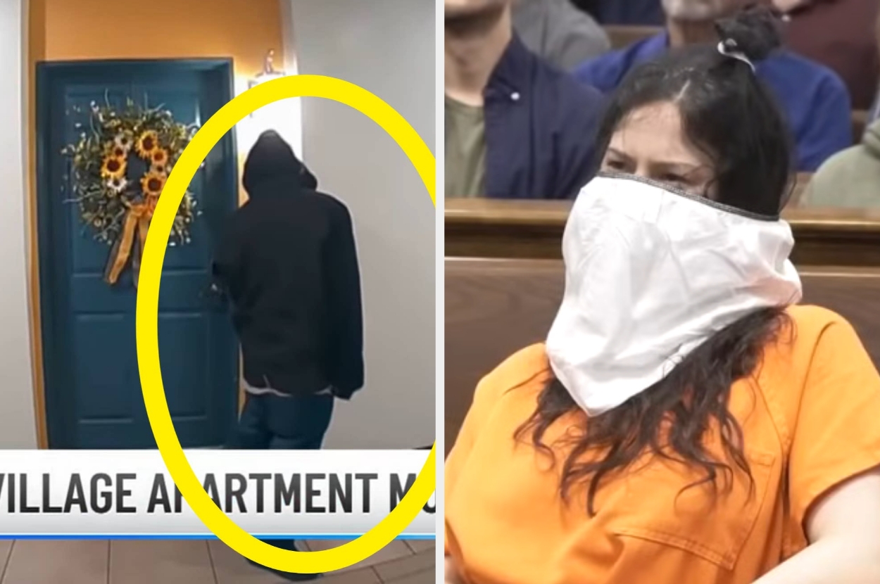 Person in a hoodie facing a door with a wreath. Woman in court wearing a makeshift mask and orange jumpsuit