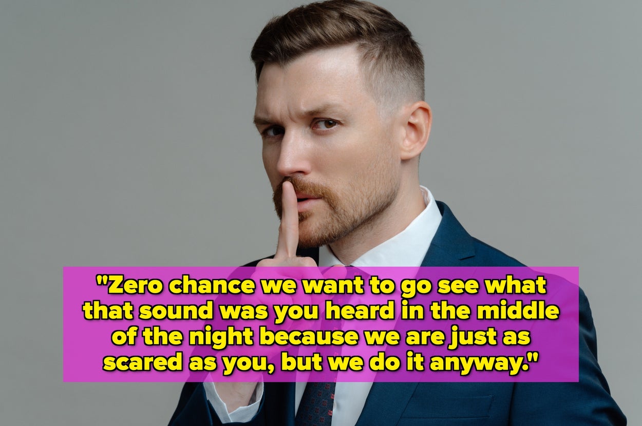 Man in a suit with finger on lips, text: "Zero chance we want to check the sound at night, but we do it anyway."