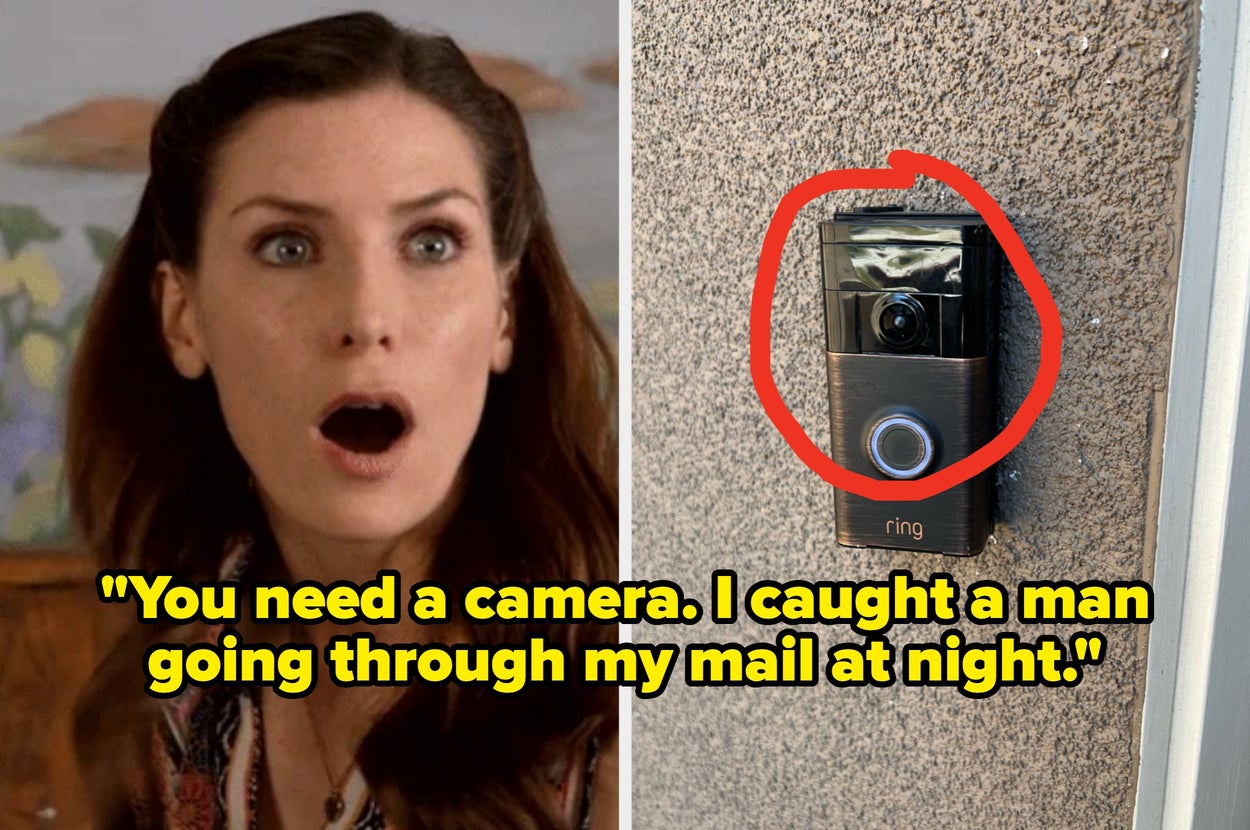 A woman is shocked in the left image; the right image shows a Ring doorbell camera with the text, "You need a camera; I caught a man going through my mail at night"