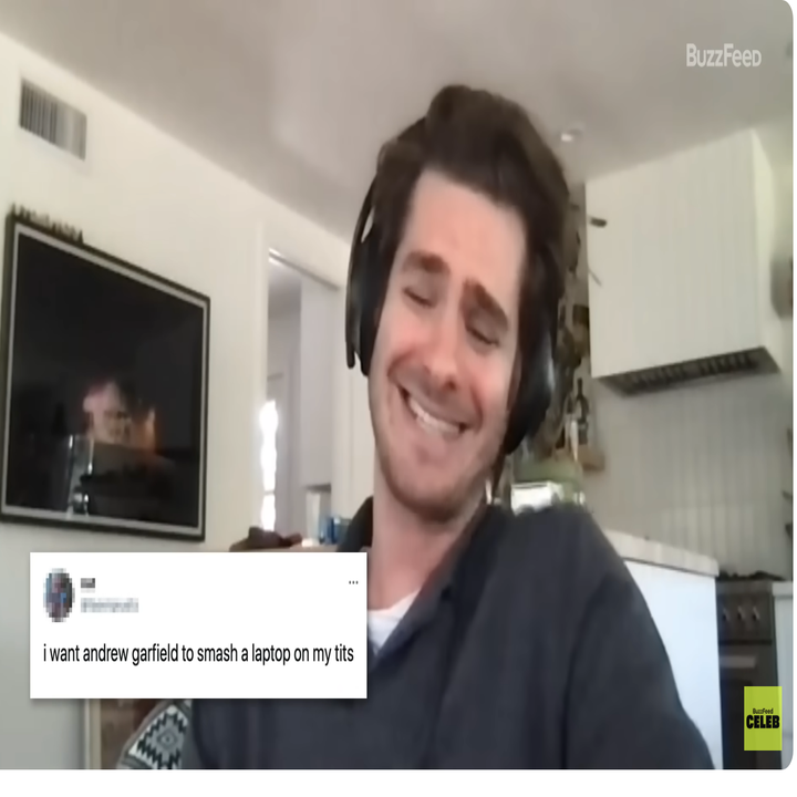 A man smiles in an informal setting during the video call. The text of the Ihsat: "I want Andrew Garfield to break a laptop on my breasts." Buzzfeed, celebrity watermark