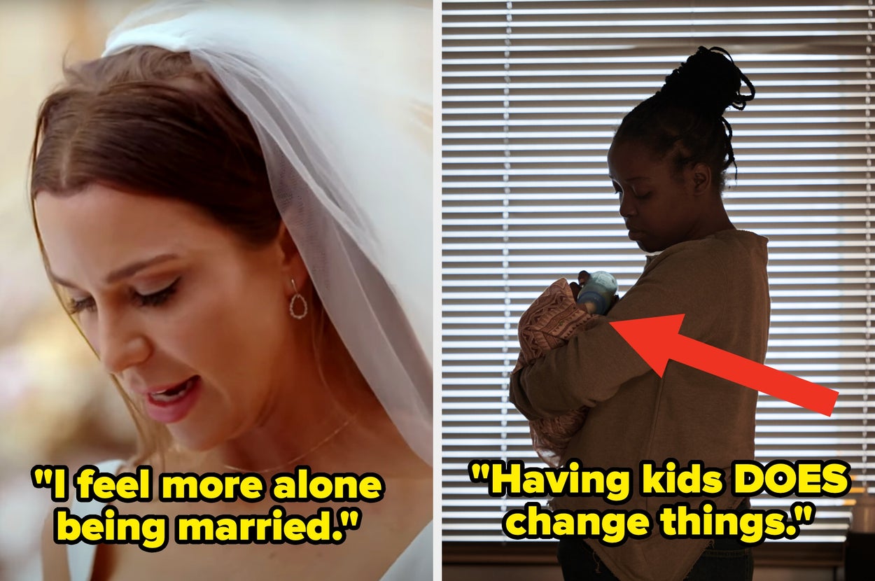 Two women side-by-side; one in a wedding dress expressing loneliness, another holding a baby, with text: "Having kids DOES change things"