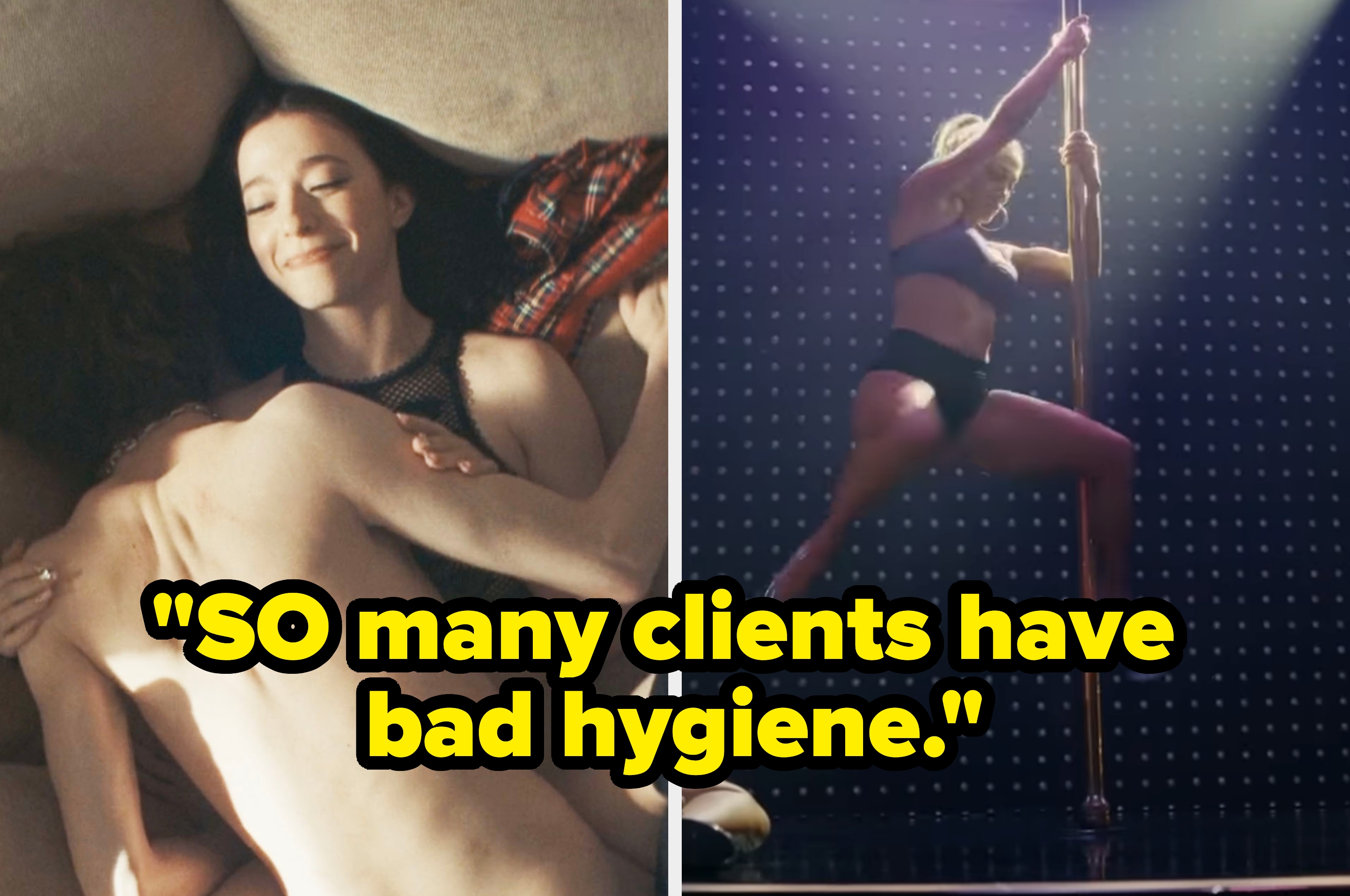 Two side-by-side images: a woman smiling contentedly on a couch and a TV segment with a woman discussing "Clients with bad hygiene."