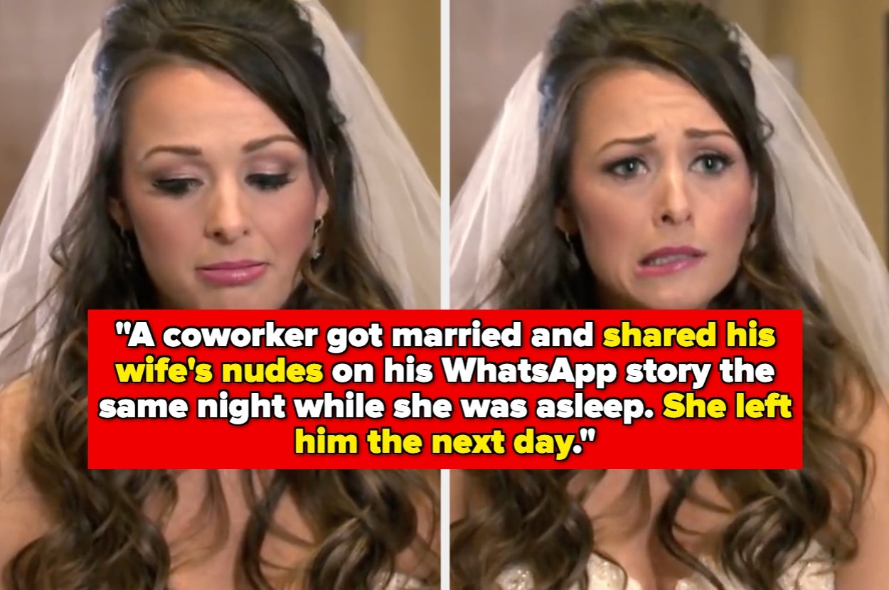 Bride with long hair in wedding dress looks distraught. Text discusses a coworker's inappropriate actions and consequences