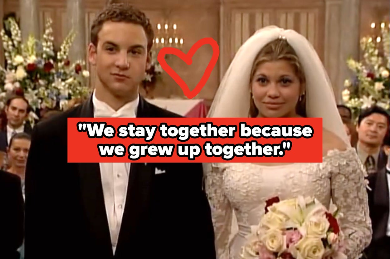 A couple in wedding attire stands together. A heart sketch appears behind them. Text: "We stay together because we grew up together"