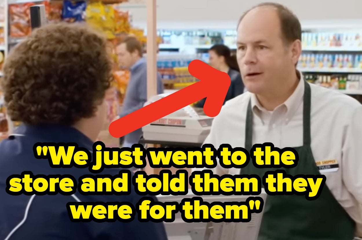 A person in a store, wearing an apron, speaks to another person across the counter. A large red arrow points to them. Text reads: "We just went to the store and told them they were for them."
