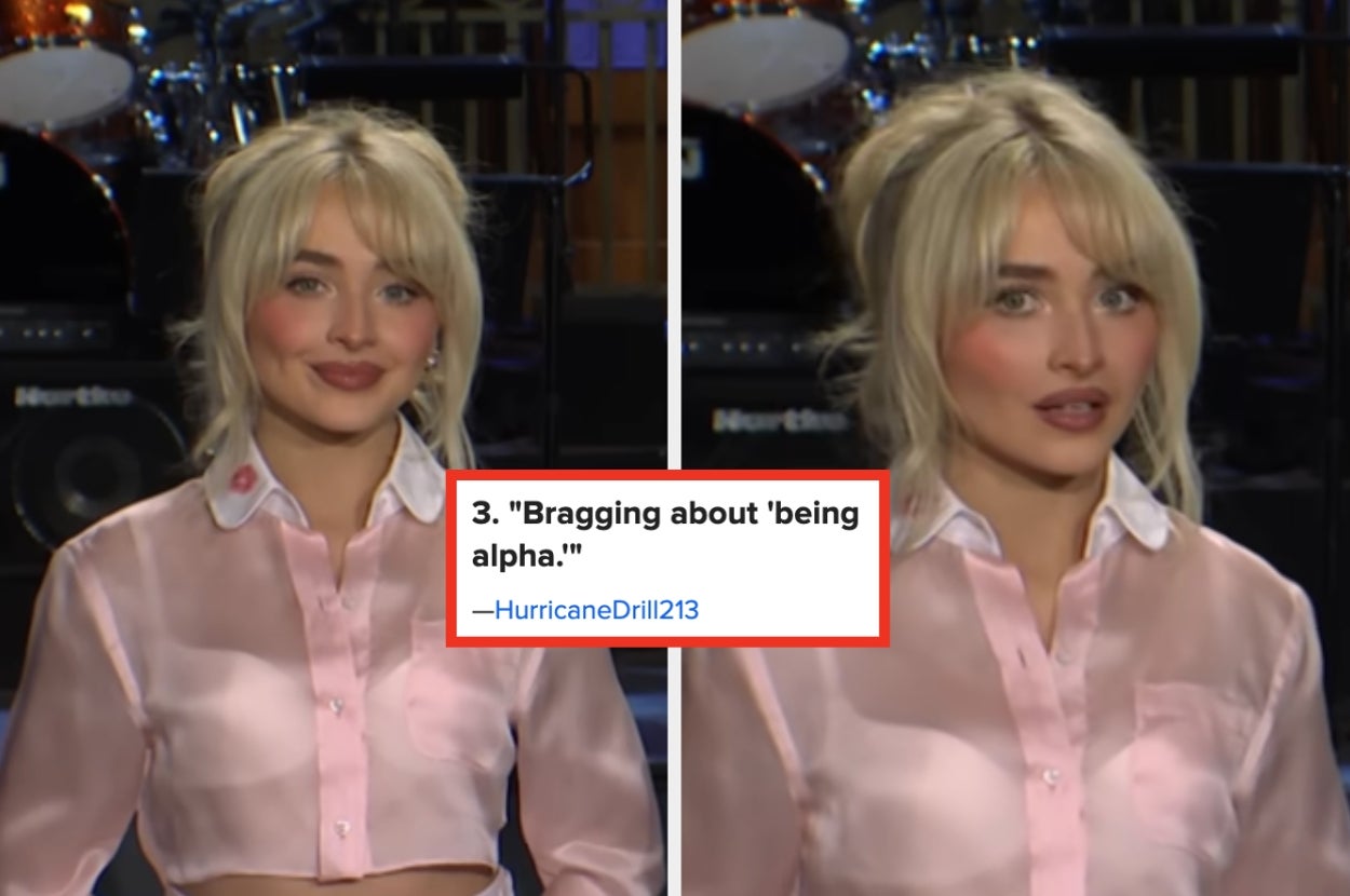 Person in sheer shirt looks surprised about comment on "being alpha."