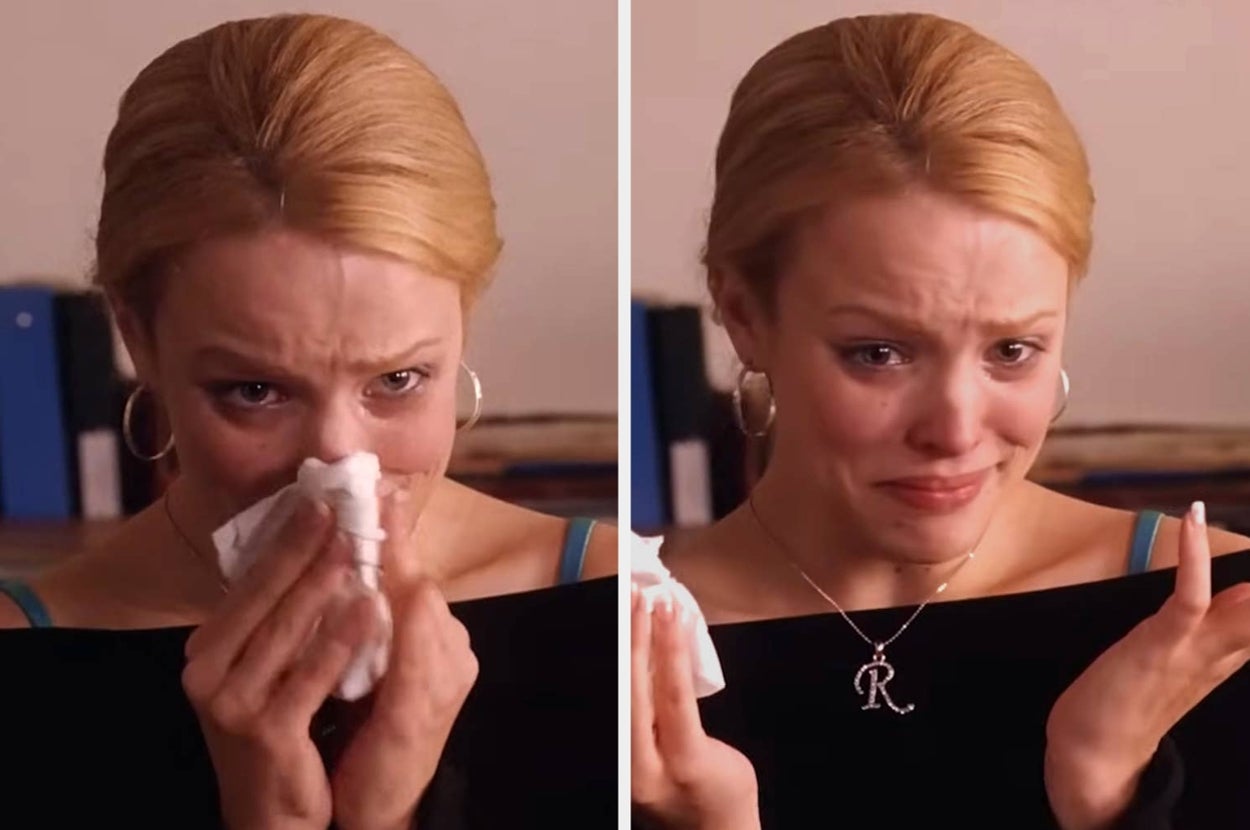 A person is shown in two side-by-side images, first crying while holding a tissue, then appearing emotional and wiping tears, wearing a necklace with an "R."