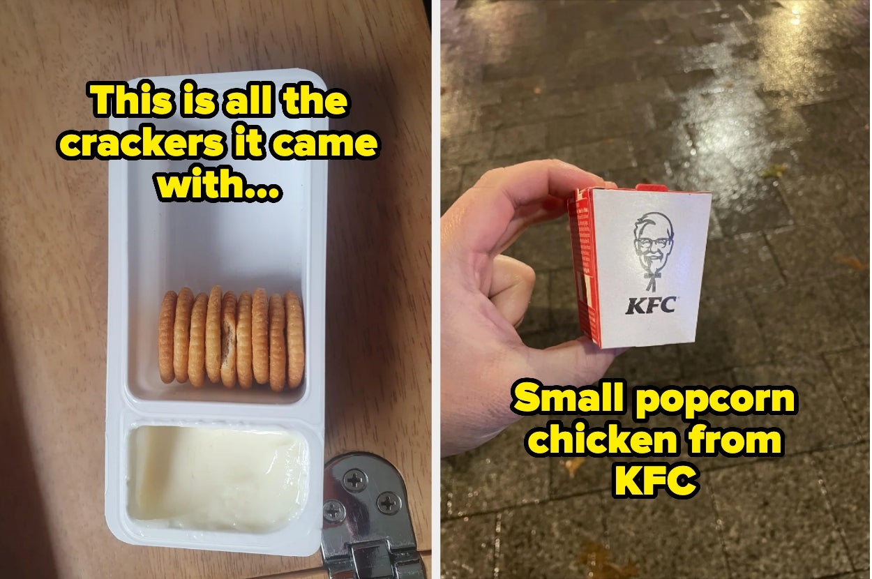 Left: A small container of crackers with cheese spread with 9 tiny crackers. Right: Hand holding a tiny KFC popcorn chicken box saying it's size small