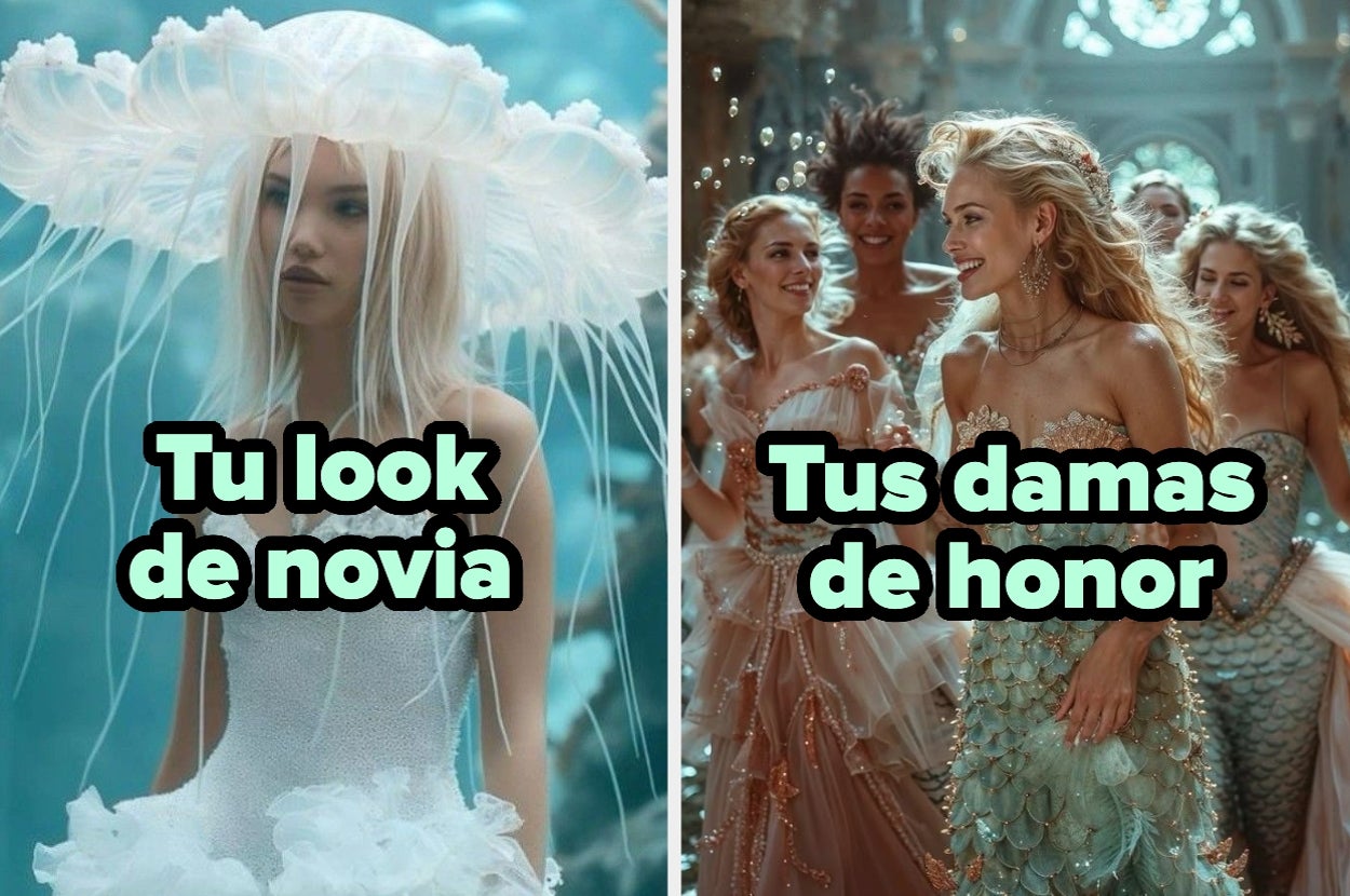 Dos imágenes: a la izquierda, persona con vestido de novia con detalles de medusa; a la derecha, grupo con vestidos de gala elegantes. Texto: "Tu look de novia" y "Tus damas de honor"