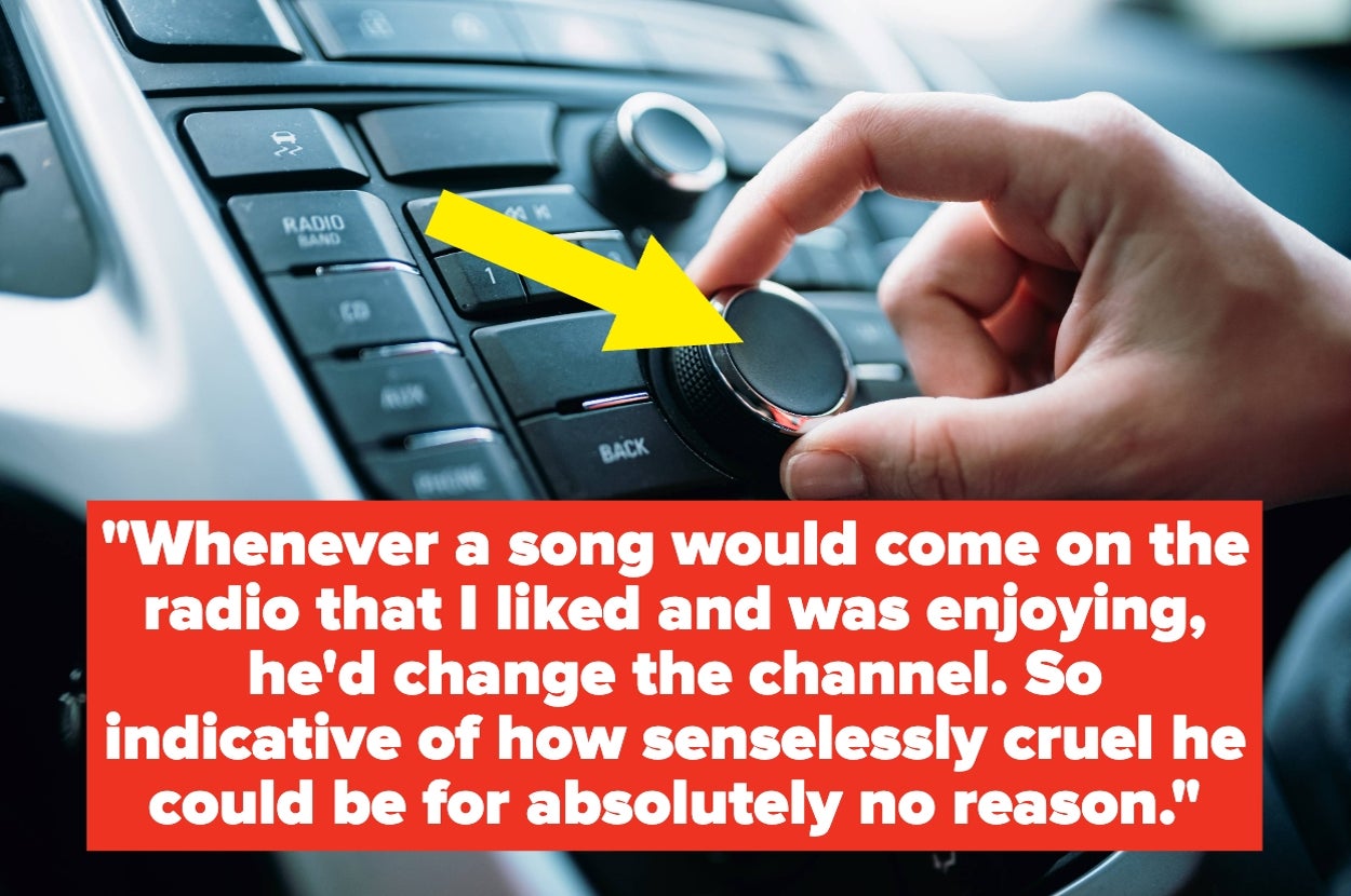 Close-up of a hand adjusting a car radio knob with an overlay text about someone changing the channel to be cruel