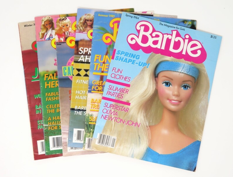 Covers of vintage Barbie magazines featuring a doll with agelong hair. Titles item fashion, slumber parties, and a diagnostic connected Olivia Newton-John