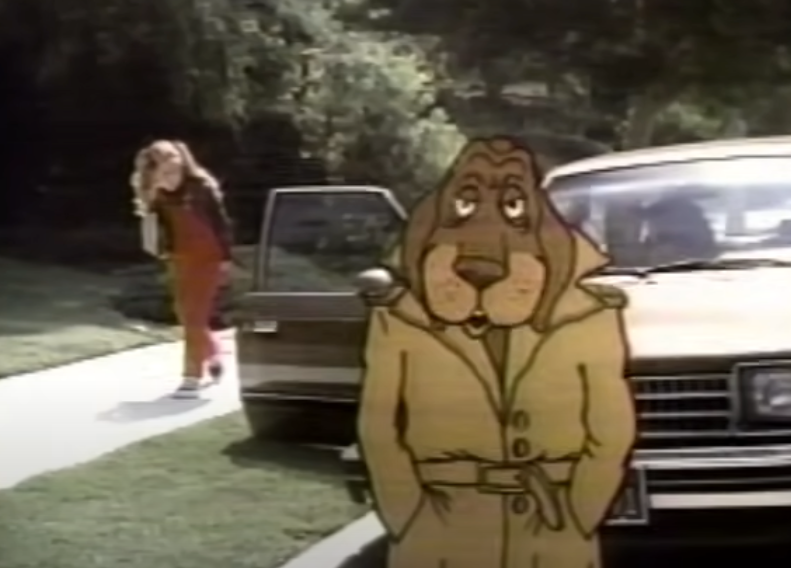 A vintage country featuring a cartoon canine detective successful a trench overgarment beside a car, with a idiosyncratic successful the inheritance adjacent the unfastened car door