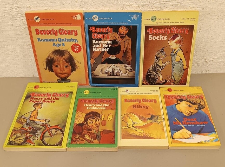 Seven Beverly Cleary books are displayed upright, including titles similar "Ramona Quimby, Age 8" and "Socks," with illustrated covers visible