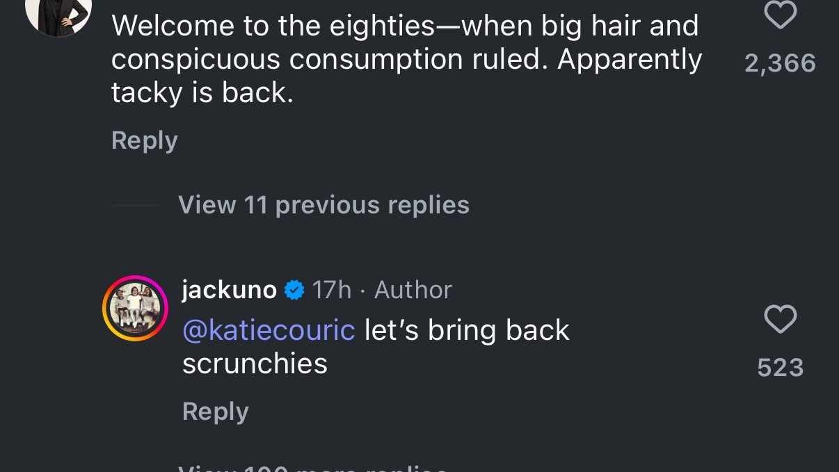 Instagram post with a comment by Katie Couric: &quot;Welcome to the eighties—when big hair and conspicuous consumption ruled. Apparently tacky is back&quot;